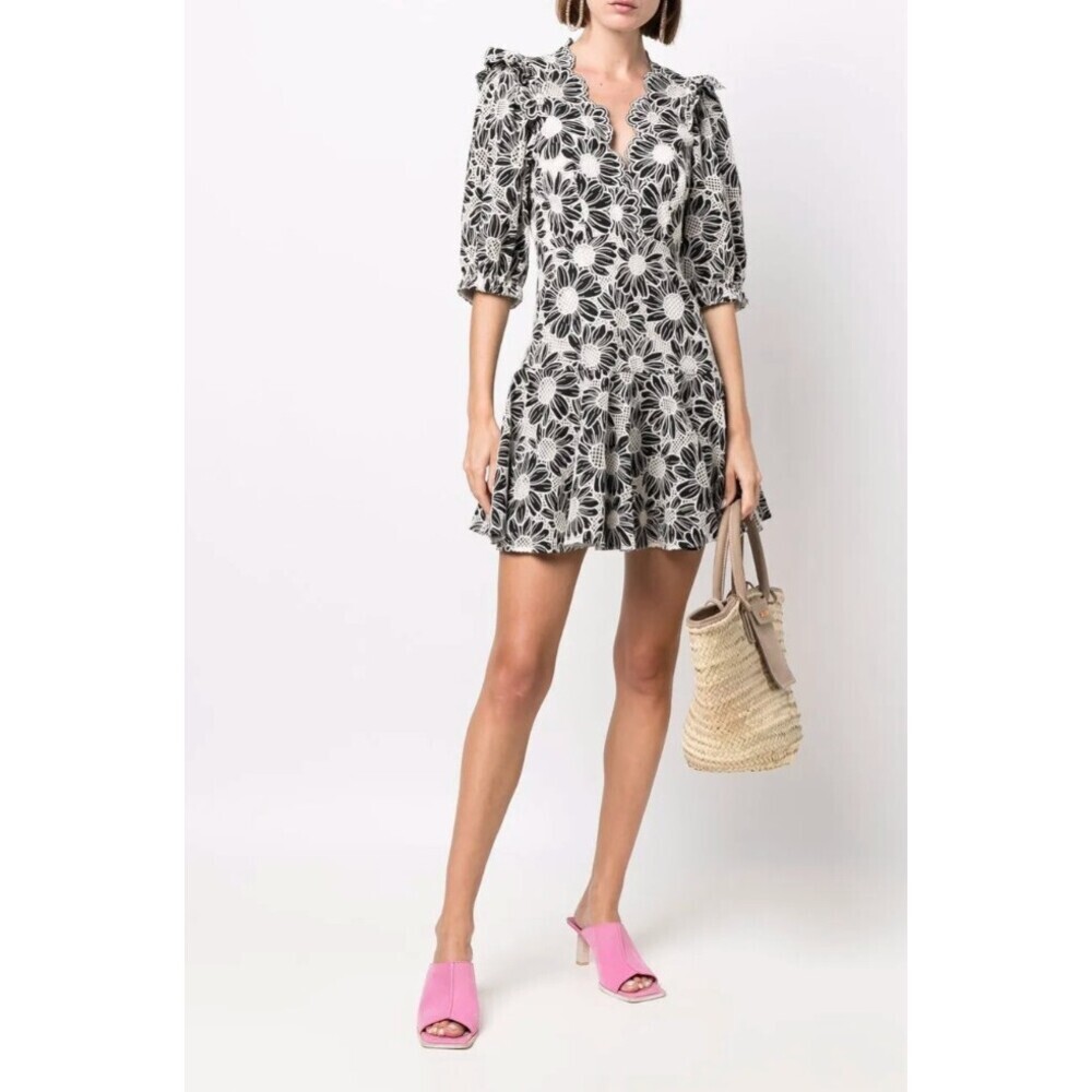 Sandro Audrey Flared Floral Mini Dress Black White Size 40 Short Sleeve V Neck